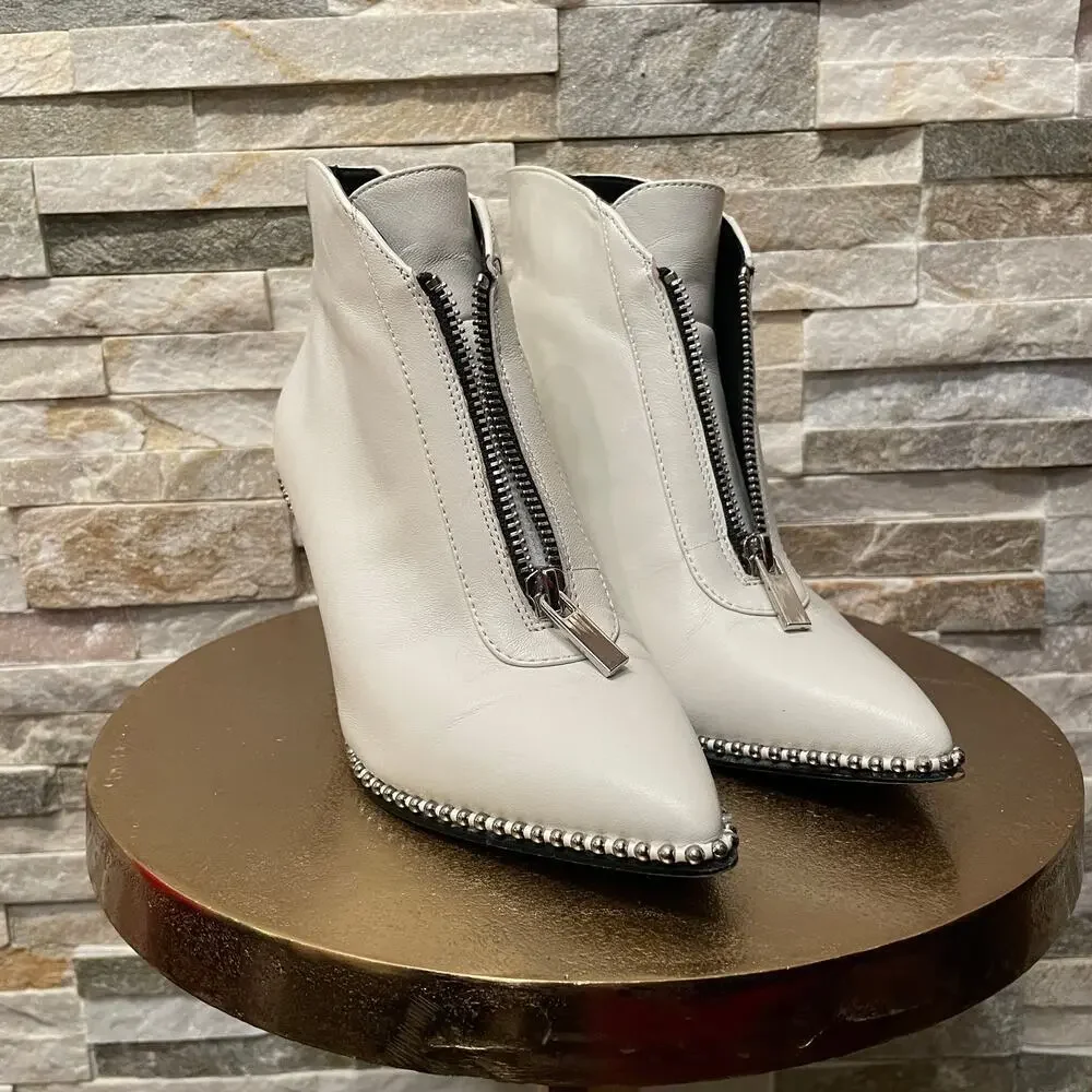 BCBGeneration Ivory White Leather Studded Zip Heeled Booties | Y2K Style, 5M